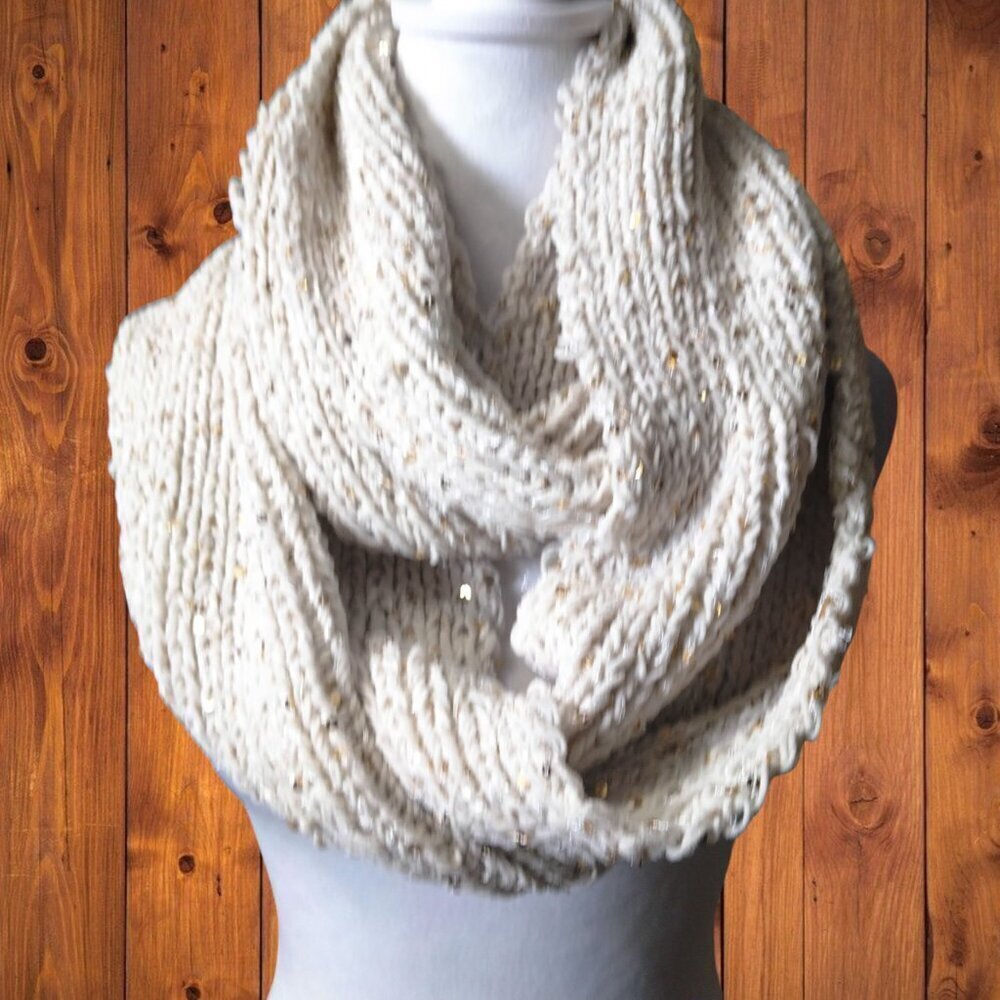 Betsey Johnson Women's Knit Beige Sequin Glitter Infinity Scarf Classic Cozy